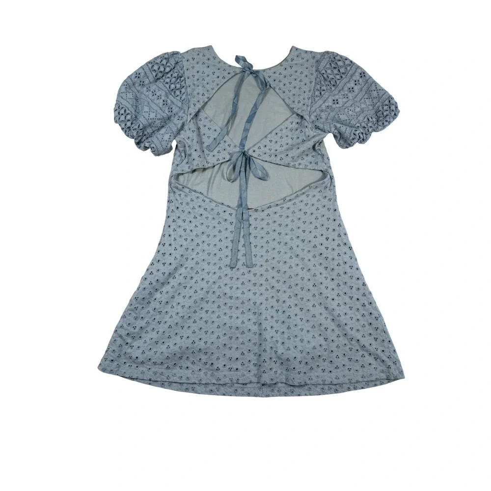 Free People Light Blue Eyelet Puff Sleeve Open Back Mini Dress Large